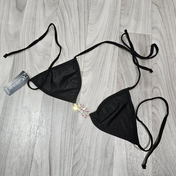 NWT Escante Rhinestone Jewel Black Triangle Bra One Size Dancewear Clubwear - Picture 2 of 8